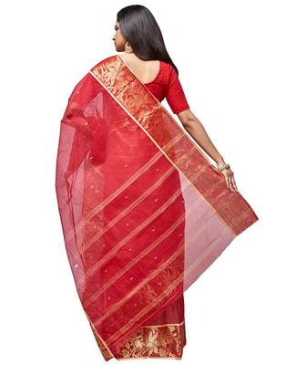 red Handloom Taant Pure Cotton Saree Without Blouse Piece 3