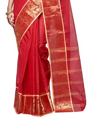 red Handloom Taant Pure Cotton Saree Without Blouse Piece 4