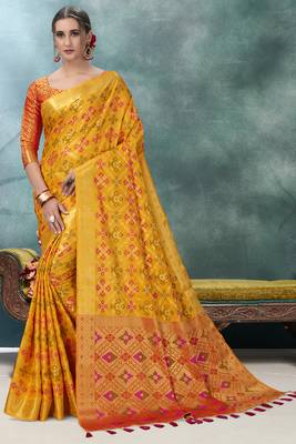 Orange plain silk saree with blouse 1
