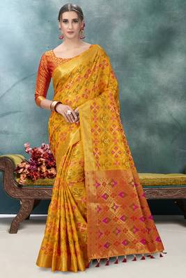 Orange plain silk saree with blouse 2