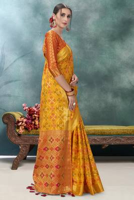 Orange plain silk saree with blouse 3