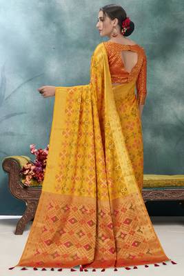 Orange plain silk saree with blouse 4