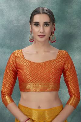 Orange plain silk saree with blouse 5