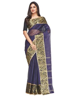 blue Handloom Taant Pure Cotton Saree Without Blouse Piece 1