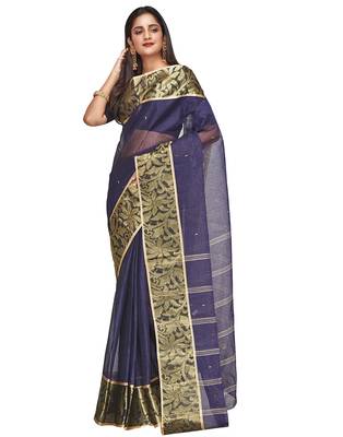 blue Handloom Taant Pure Cotton Saree Without Blouse Piece 2