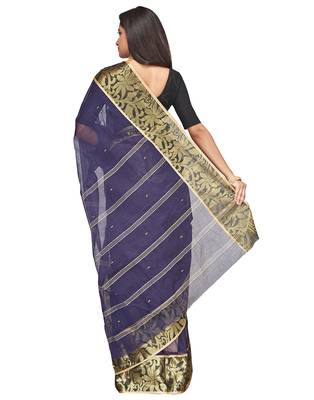 blue Handloom Taant Pure Cotton Saree Without Blouse Piece 3