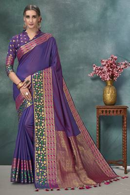 Purple plain silk saree with blouse 1