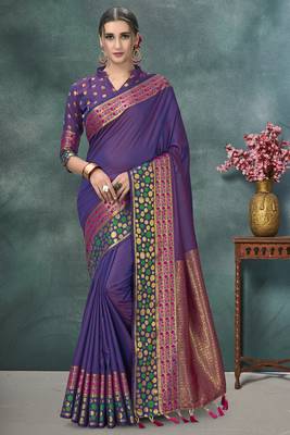 Purple plain silk saree with blouse 2