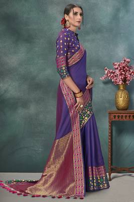 Purple plain silk saree with blouse 3
