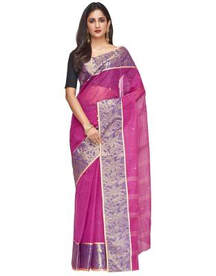 pink Handloom Taant Pure Cotton Saree Without Blouse Piece 1