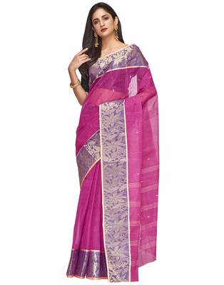 pink Handloom Taant Pure Cotton Saree Without Blouse Piece 2
