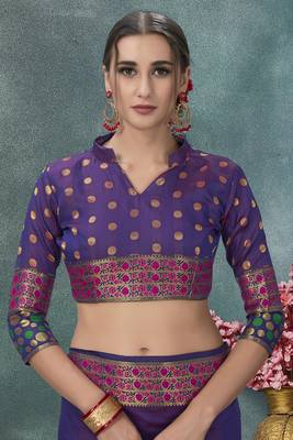 Purple plain silk saree with blouse 5