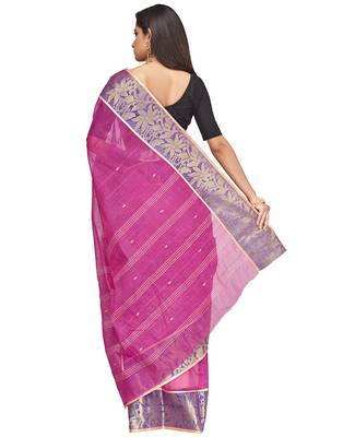pink Handloom Taant Pure Cotton Saree Without Blouse Piece 3