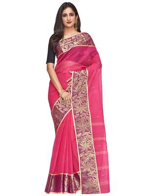 pink Handloom Taant Pure Cotton Saree Without Blouse Piece 1