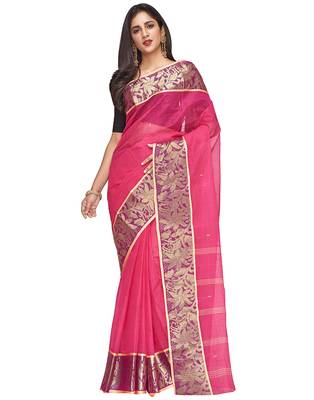pink Handloom Taant Pure Cotton Saree Without Blouse Piece 2