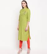 women's embellished/solid straight rayon parrot green kurti