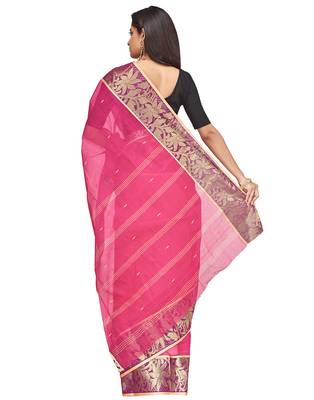 pink Handloom Taant Pure Cotton Saree Without Blouse Piece 3