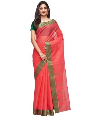 red Handloom Taant Pure Cotton Saree Without Blouse Piece 1