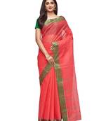 red Handloom Taant Pure Cotton Saree Without Blouse Piece
