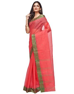 red Handloom Taant Pure Cotton Saree Without Blouse Piece 2