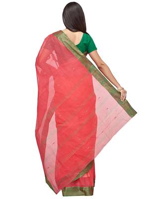 red Handloom Taant Pure Cotton Saree Without Blouse Piece 3