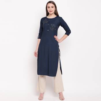 women's embellished/solid straight rayon blue kurti 1