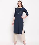 women's embellished/solid straight rayon blue kurti