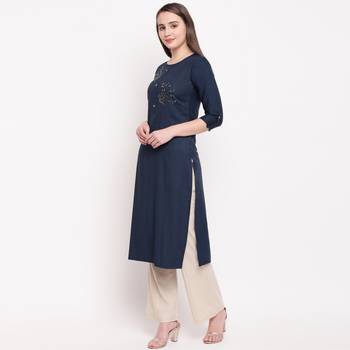 women's embellished/solid straight rayon blue kurti 3
