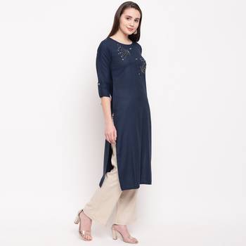 women's embellished/solid straight rayon blue kurti 4