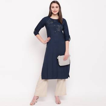 women's embellished/solid straight rayon blue kurti 6