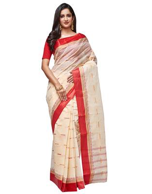 white Handloom Taant Pure Cotton Saree Without Blouse Piece 1