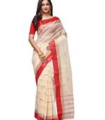 white Handloom Taant Pure Cotton Saree Without Blouse Piece