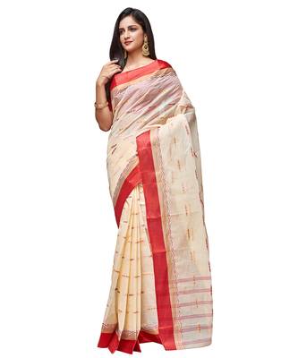 white Handloom Taant Pure Cotton Saree Without Blouse Piece 2