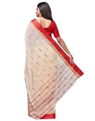 white Handloom Taant Pure Cotton Saree Without Blouse Piece 3