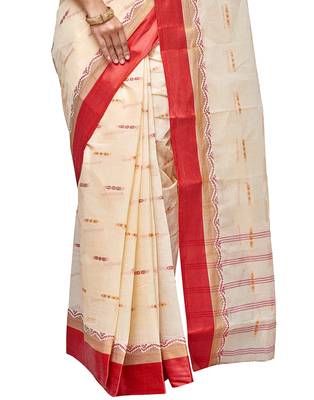 white Handloom Taant Pure Cotton Saree Without Blouse Piece 4