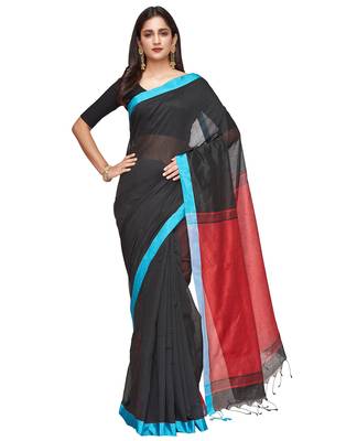 black Handloom Taant Pure Cotton Saree With Blouse Piece 1