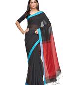 black Handloom Taant Pure Cotton Saree With Blouse Piece