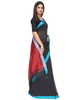 black Handloom Taant Pure Cotton Saree With Blouse Piece 2