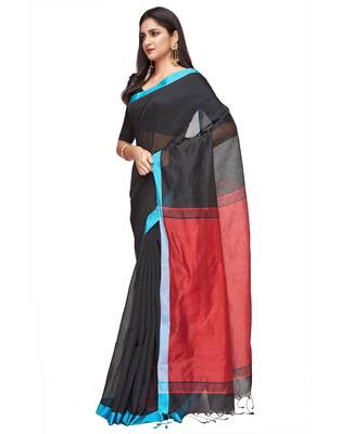 black Handloom Taant Pure Cotton Saree With Blouse Piece 3