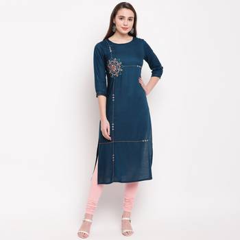 women's embroidered/solid straight rayon dark aqua kurti 1