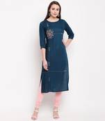 women's embroidered/solid straight rayon dark aqua kurti