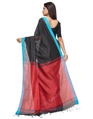 black Handloom Taant Pure Cotton Saree With Blouse Piece 4