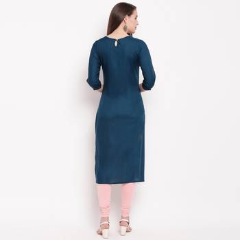 women's embroidered/solid straight rayon dark aqua kurti 2