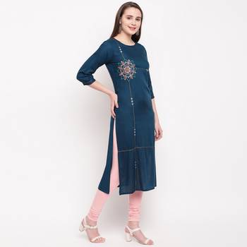women's embroidered/solid straight rayon dark aqua kurti 3