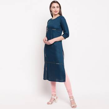 women's embroidered/solid straight rayon dark aqua kurti 4