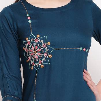 women's embroidered/solid straight rayon dark aqua kurti 5