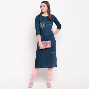 women's embroidered/solid straight rayon dark aqua kurti 6