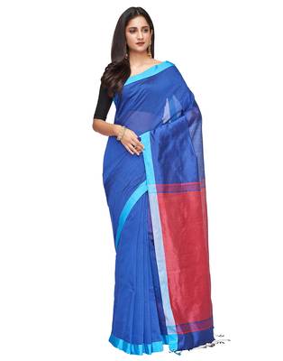 blue Handloom Taant Pure Cotton Saree With Blouse Piece 1
