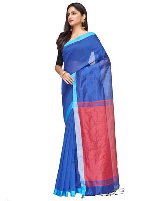 blue Handloom Taant Pure Cotton Saree With Blouse Piece 2