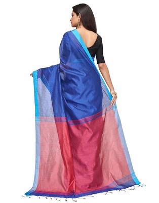 blue Handloom Taant Pure Cotton Saree With Blouse Piece 4